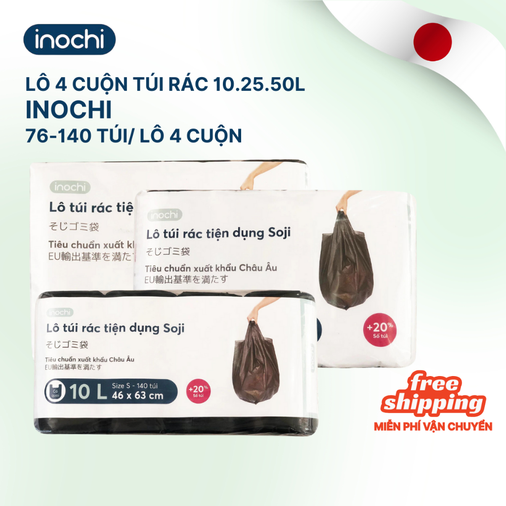 Lô 4 cuộn túi đựng rác tự phân hủy sinh học Inochi Có Quai Hơn 20% túi 10-25-50L phù hợp nhiều thùng rác