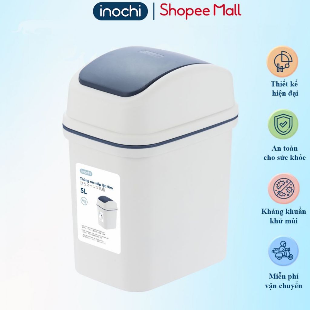 Thùng rác nắp lật Inochi Hiro, kèm ruột, thiết kế bền đẹp dễ vệ sinh ...