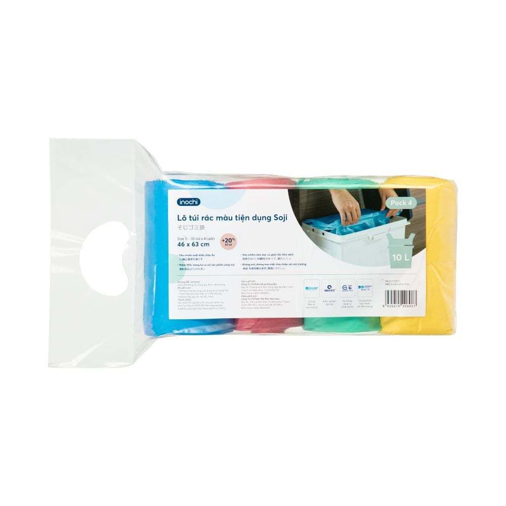 Lô 4 cuộn túi đựng rác tự phân hủy sinh học Inochi Có Quai Hơn 20% túi 10-25-50L phù hợp nhiều thùng rác
