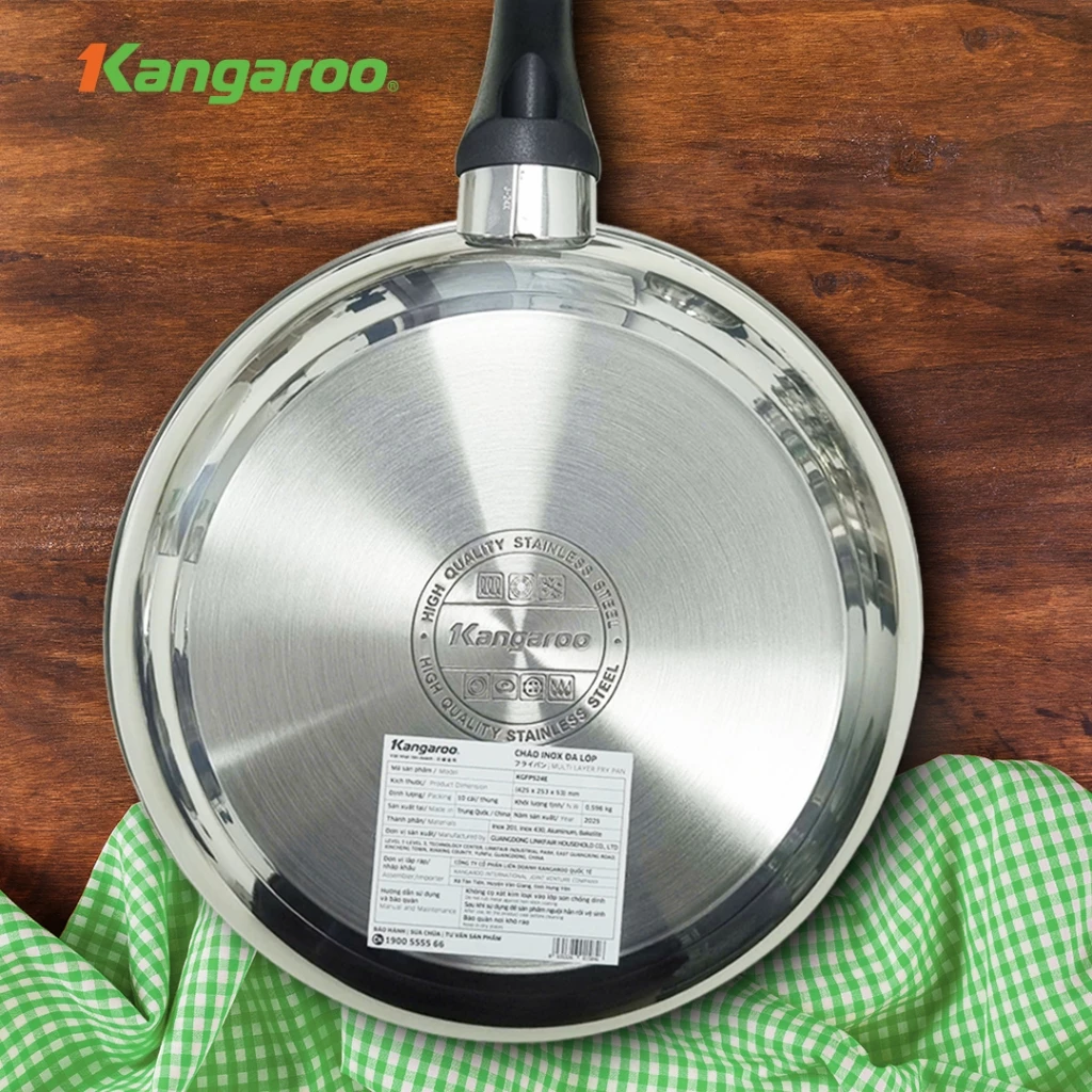 [KANGAROO] Chảo inox đa lớp đáy chống dính tự thân Kangaroo KGFPSE các size 20-24-26-28cm - Inox 201