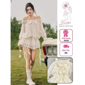Đầm Trễ Vai Chấm Bi Đính Nơ Tay Bồng Chuẩn Coshe Đầm Dự Tiệc Sang Chảnh Thiết Kế