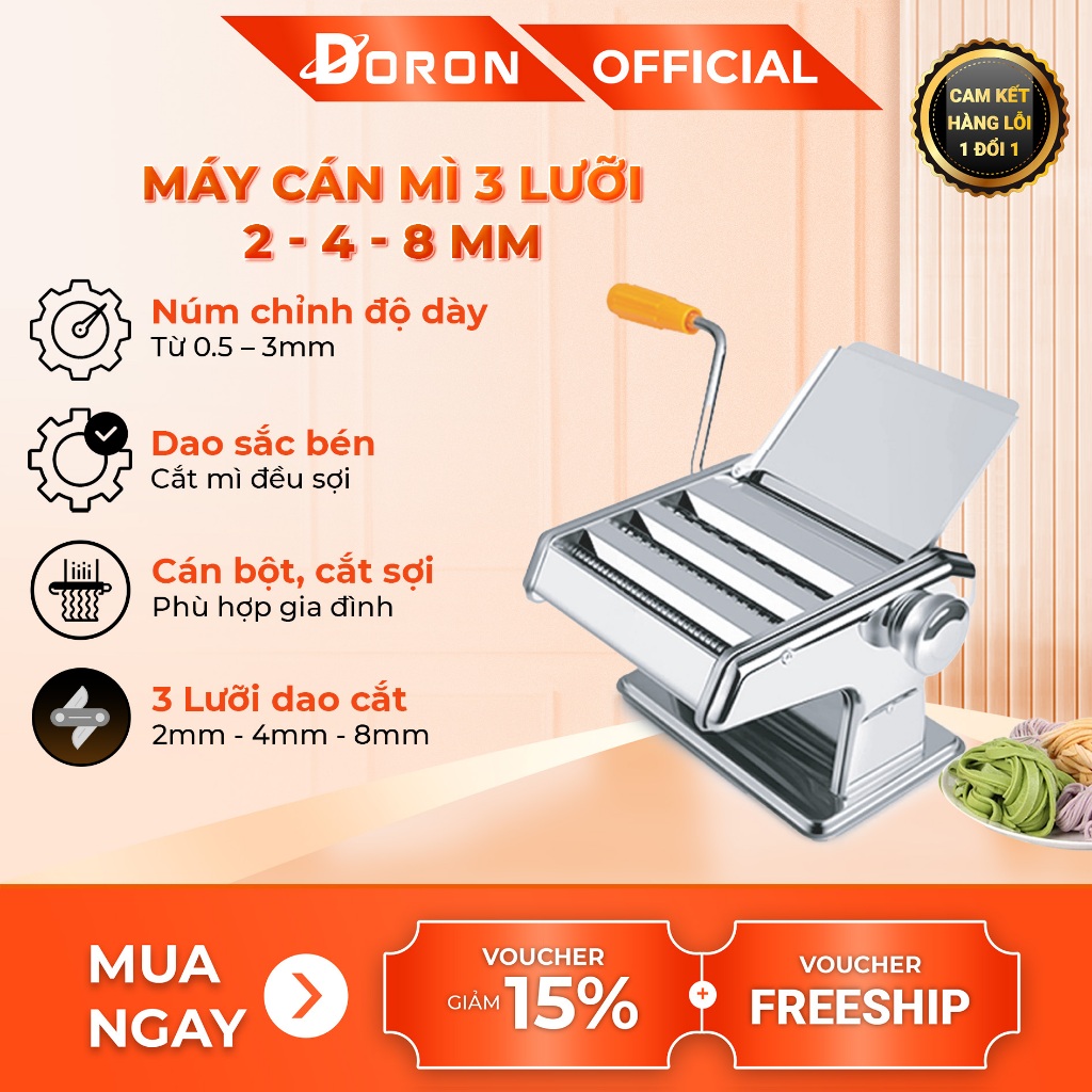 Máy cắt mỳ, máy cán mỏng bột DORON 3 lưỡi dao có điều chỉnh dày mỏng 6 cấp độ thuận tiện
