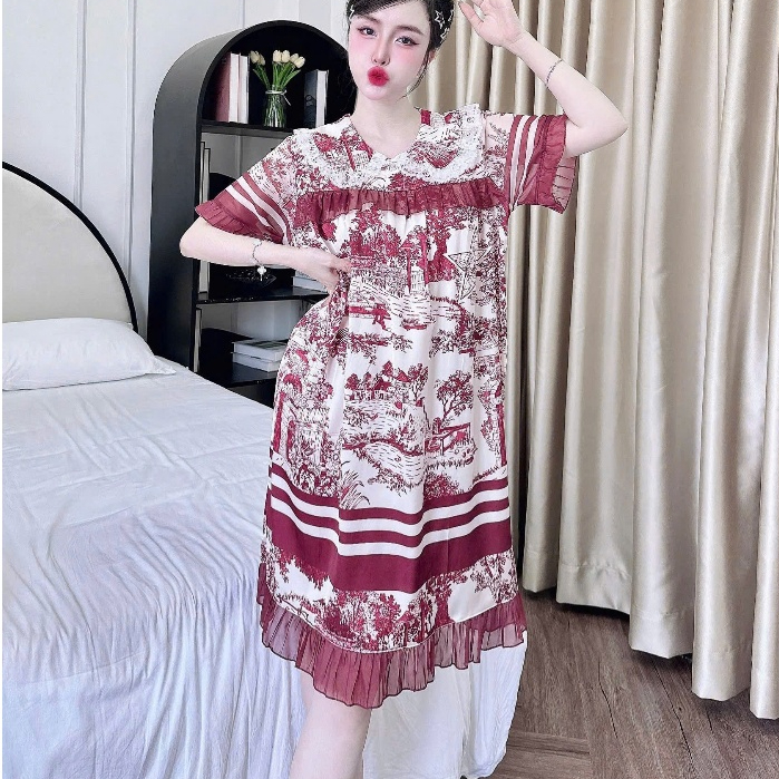 Đồ ngủ nữ,đầm váy ngủ nữ lụa  freesize<75kg mềm mịn mát thiết kế cổ sen viền ren họa tiết cute [240]