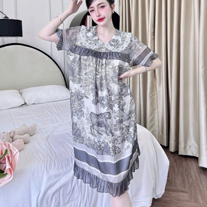 Đồ ngủ nữ,đầm váy ngủ nữ lụa  freesize<75kg mềm mịn mát thiết kế cổ sen viền ren họa tiết cute [240]