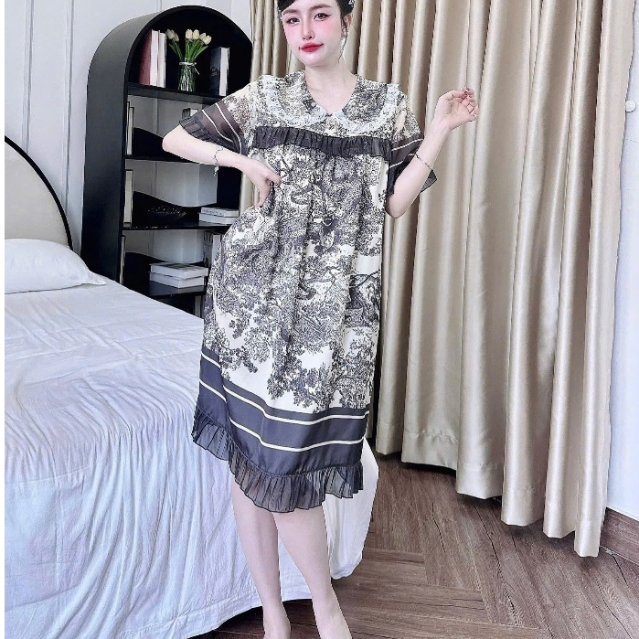 Đồ ngủ nữ,đầm váy ngủ nữ lụa  freesize<75kg mềm mịn mát thiết kế cổ sen viền ren họa tiết cute [240]