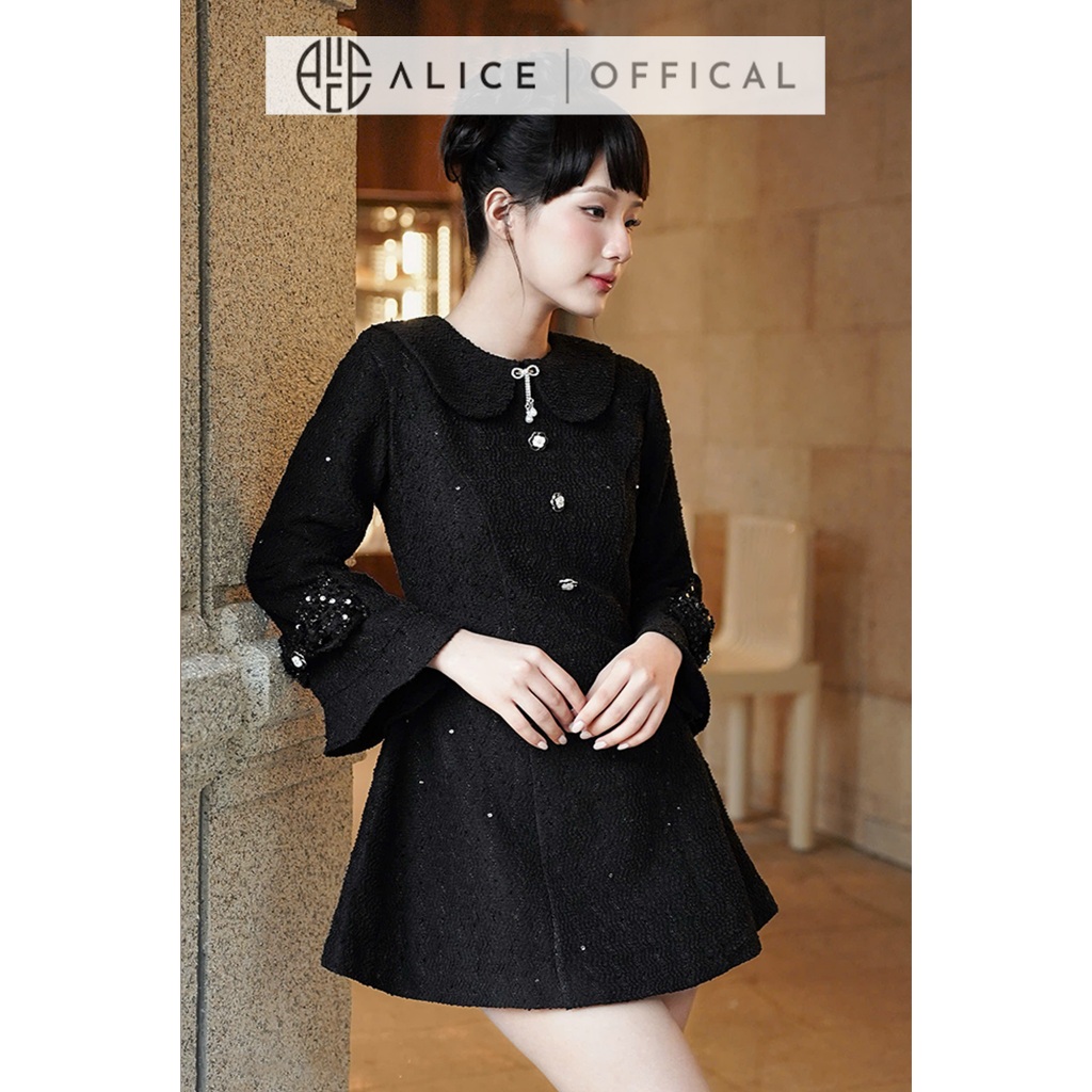 Váy Nữ Cao Cấp Alice Chất Dạ Len, Đầm Ngắn Chữ A Cổ Sen Bản To Có Đệm Vai Tay Bồng Nhẹ Có Cúc Đá T379
