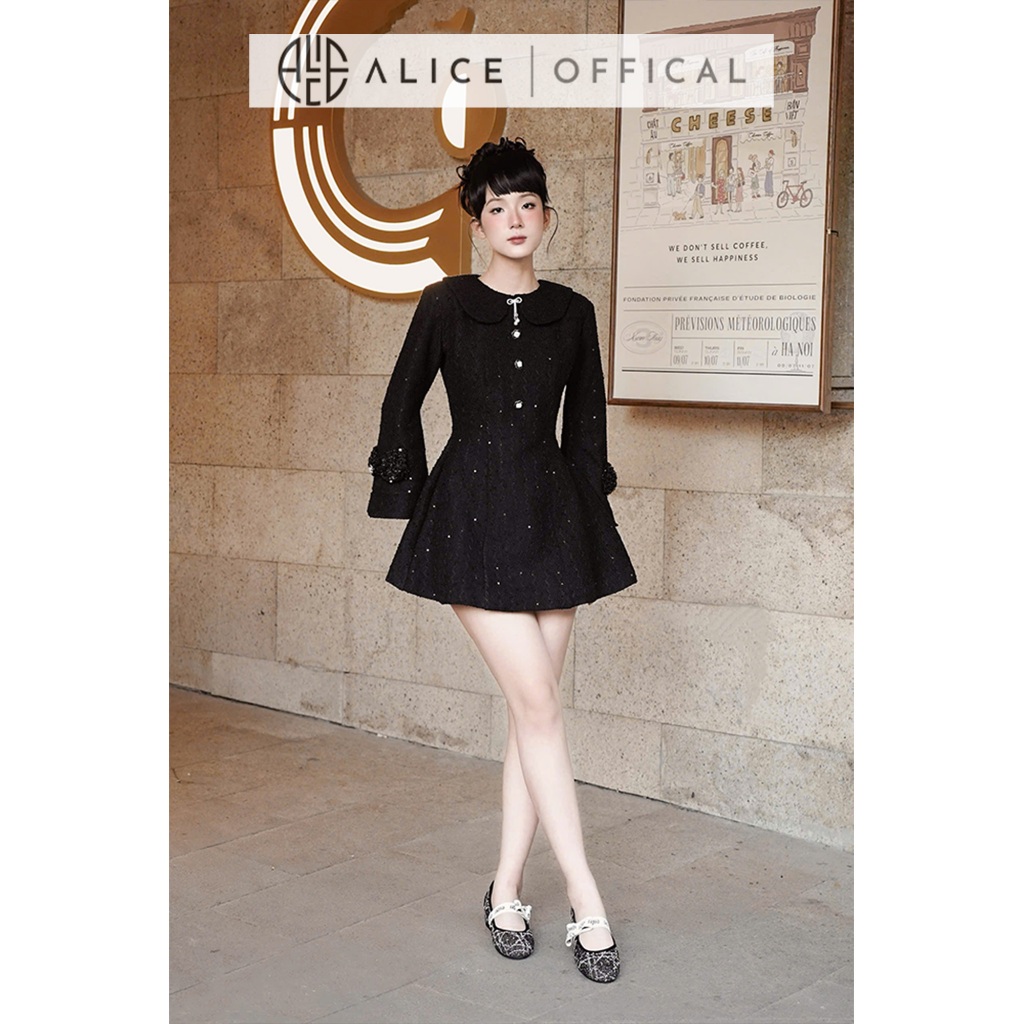 Váy Nữ Cao Cấp Alice Chất Dạ Len, Đầm Ngắn Chữ A Cổ Sen Bản To Có Đệm Vai Tay Bồng Nhẹ Có Cúc Đá T379