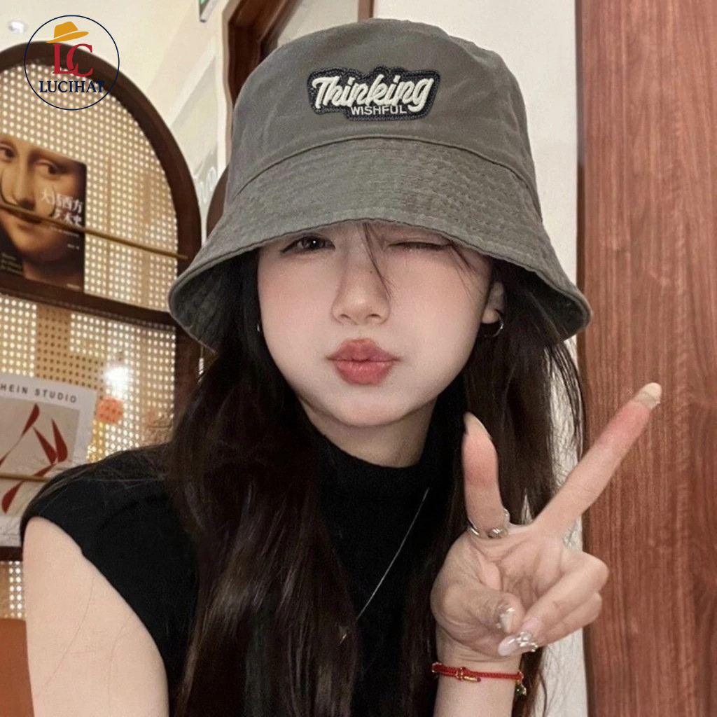 Mũ Bucket Vành Cụp, Nó Tai Bèo Vành Rộng Thêu Chữ Thinking Chất Kaki Cao Cấp Form Unisex  Thời Trang Nam Nữ