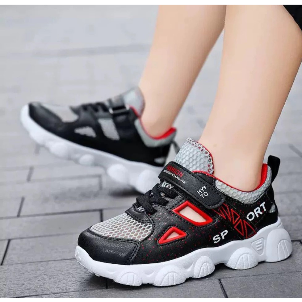 Giày Thể Thao thời trang Cho Bé Trai Dạng Lười Thoáng Chân Quai Dán Êm Chân Sport Màu Đen Đỏ