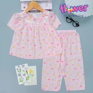 Bộ tole bé gái tay ngắn quần dài cột nơ phối ren cổ áo 10-42kg - Đồ bộ tole Flower