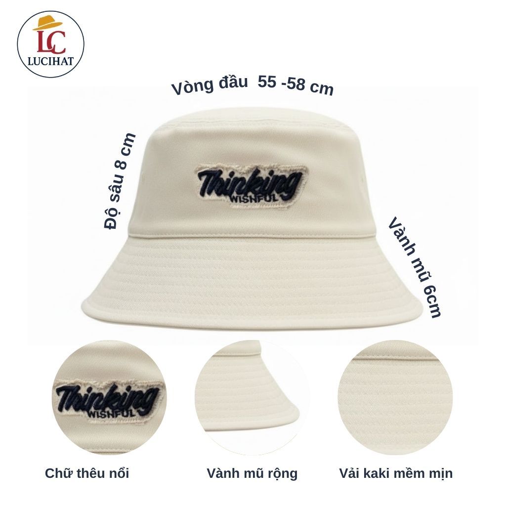 Mũ Bucket Vành Cụp, Nó Tai Bèo Vành Rộng Thêu Chữ Thinking Chất Kaki Cao Cấp Form Unisex  Thời Trang Nam Nữ