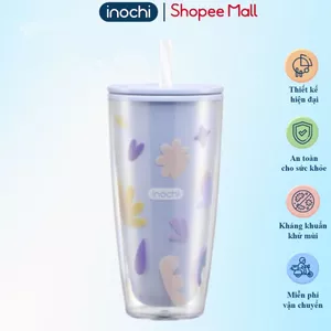Cốc nhựa 2 lớp Inochi kèm ống hút, nhựa an toàn, chịu nhiệt tốt, viền silicone chống rỉ nước.