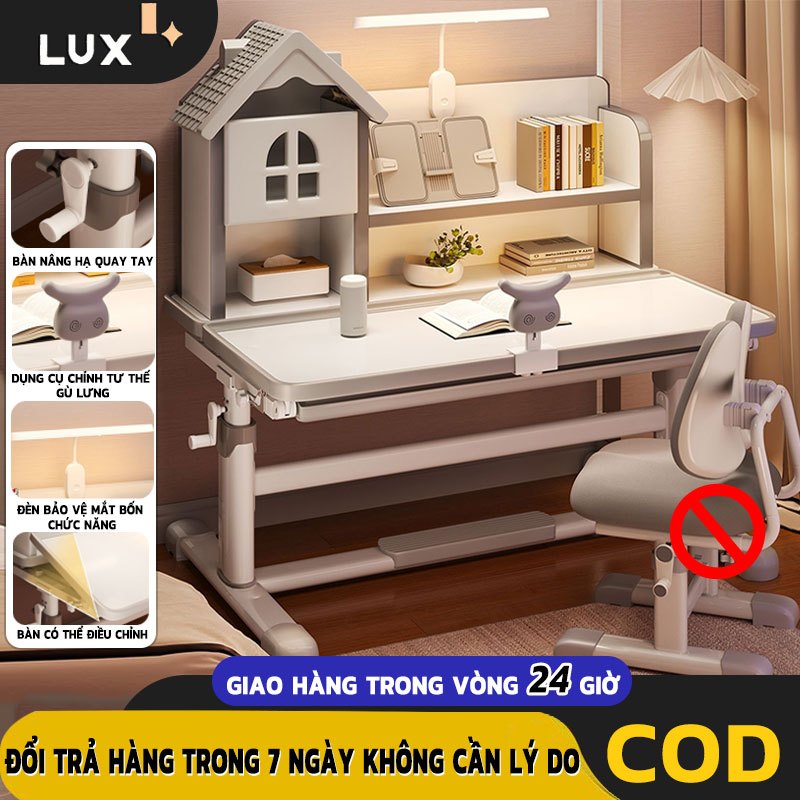 LUX Bàn học, mặt bàn có thể điều chỉnh, chiều cao có thể nâng lên hạ xuống, kèm giá sách điều chỉnh được