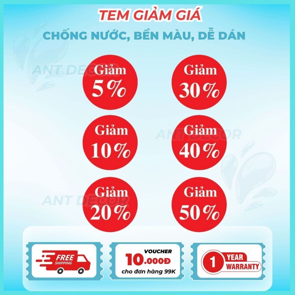 (3cm) Tem giảm giá, giảm 5%, giảm 10%, giảm 30%, giảm 40%, giảm 50%, mua 2 tặng 1 (100tem)