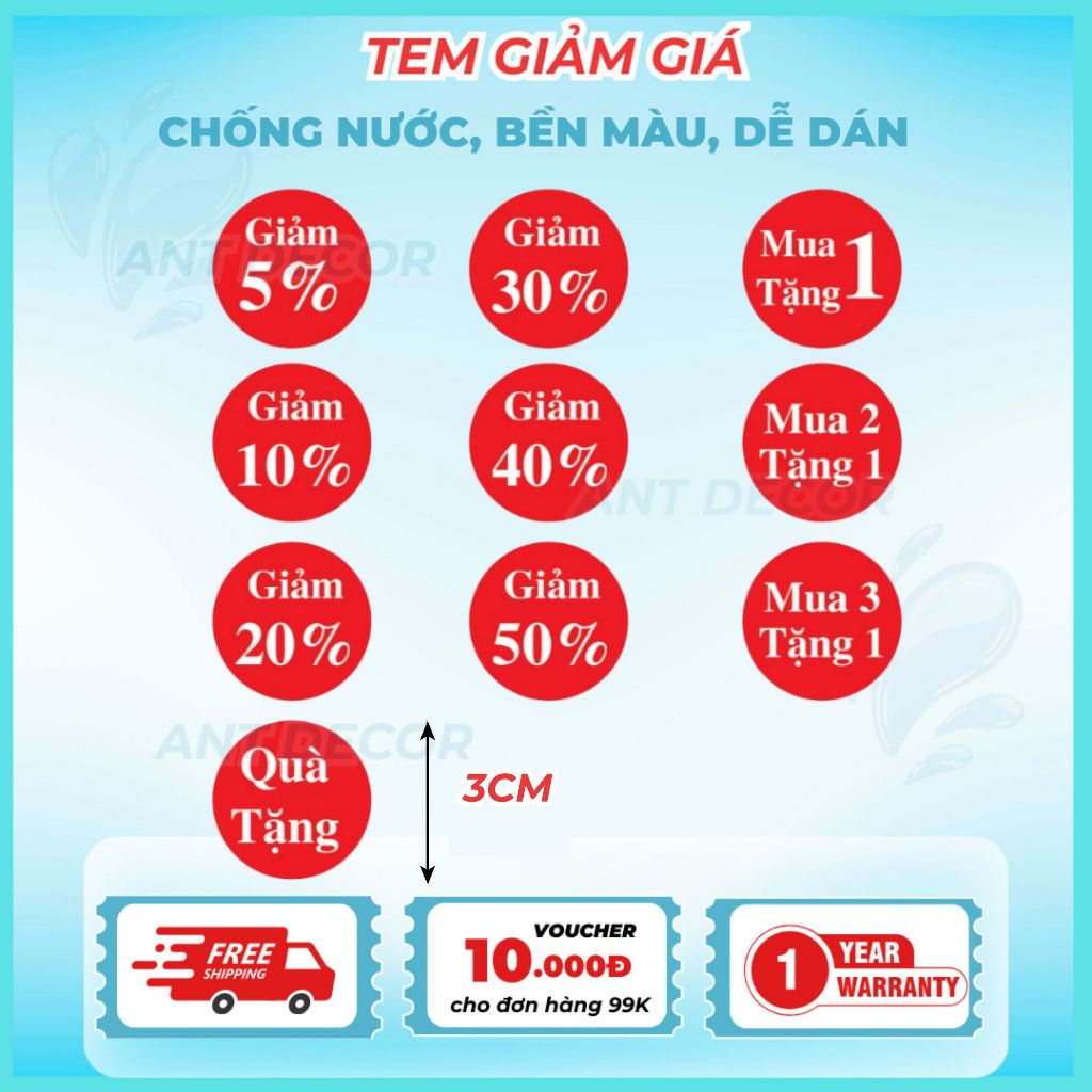 (3cm) Tem giảm giá, giảm 5%, giảm 10%, giảm 30%, giảm 40%, giảm 50%, mua 2 tặng 1 (100tem)