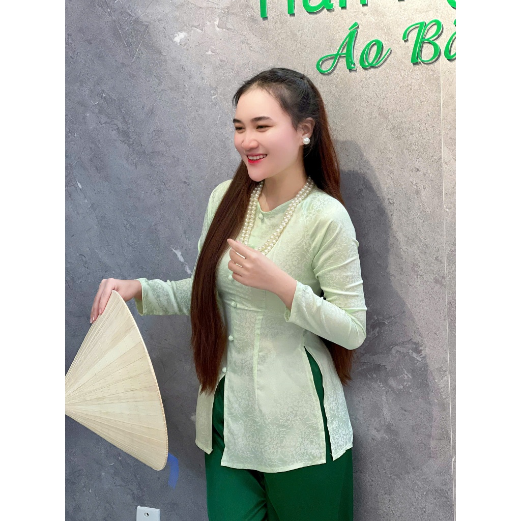 Hân Nguyễn Áo Bà Ba - B.A171 - ( FORM DÁNG DÀI ) Áo Bà Ba Gấm Hoa Cổ Tròn Dây Kéo ( QUẦN NGỌC TRAI )