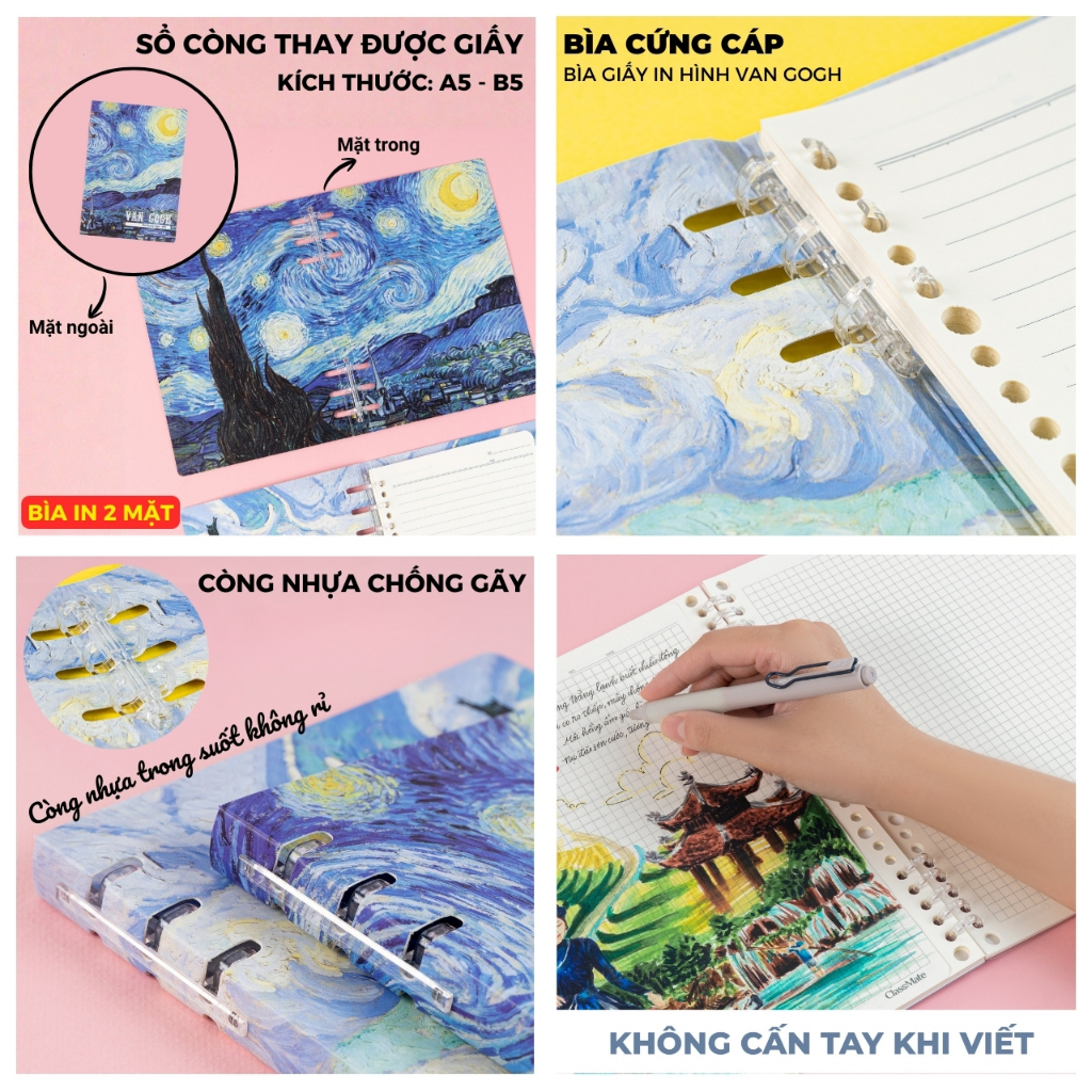 [Tặng Giấy Refill] Sổ Còng 100GSM Van Gogh Binder Còng Nhựa Không Gãy, Không Gỉ, Bìa In 2 Mặt, Giấy Refill Kẻ Ngang/Caro
