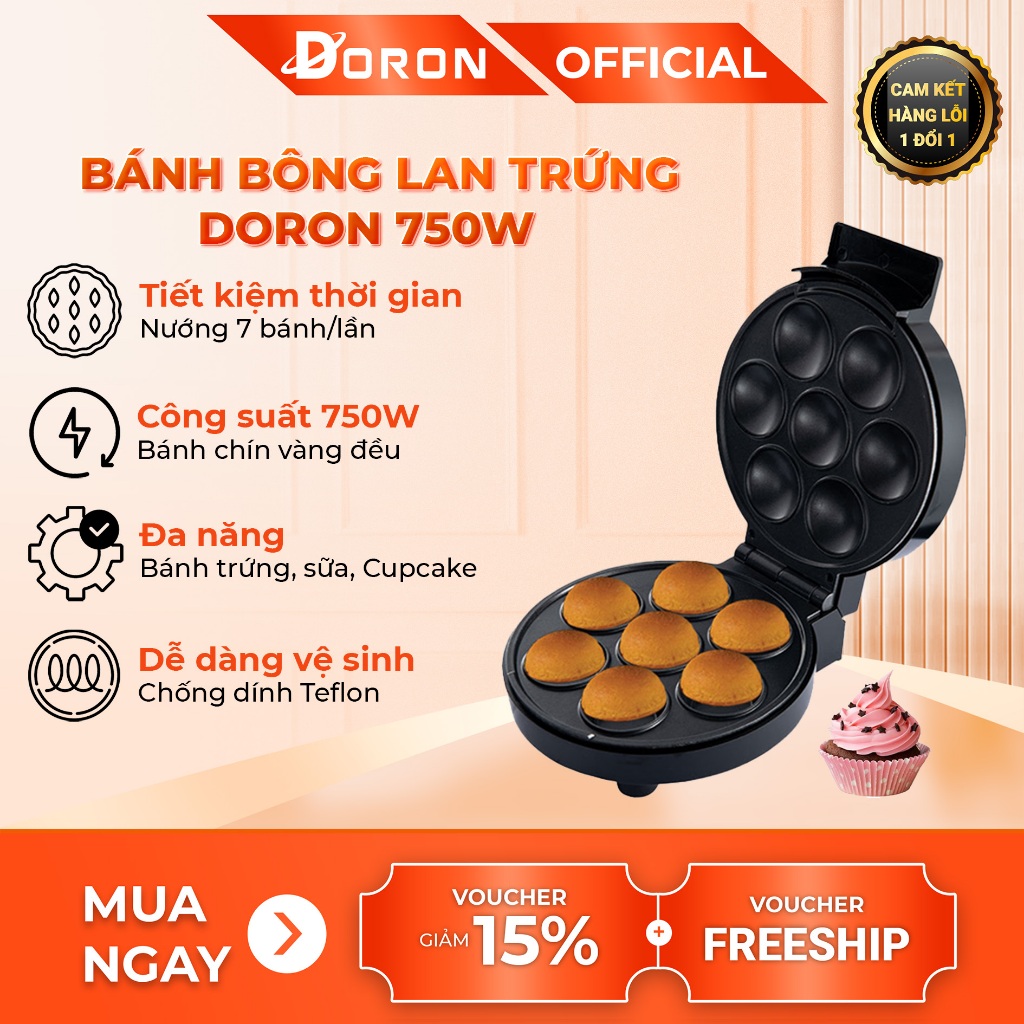 Máy làm bánh trứng, máy làm bánh bông lan DORON 750W gia nhiệt kép, chống dính telfon siêu bền