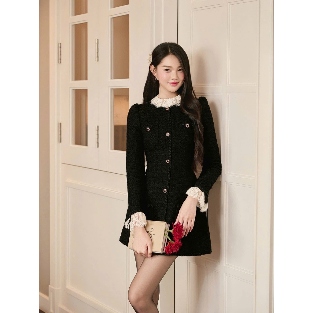 NH CLOTHER - Váy Đen Cổ Điển Dáng Ôm Tay Dài Bo Phồng Viền Ren Trắng