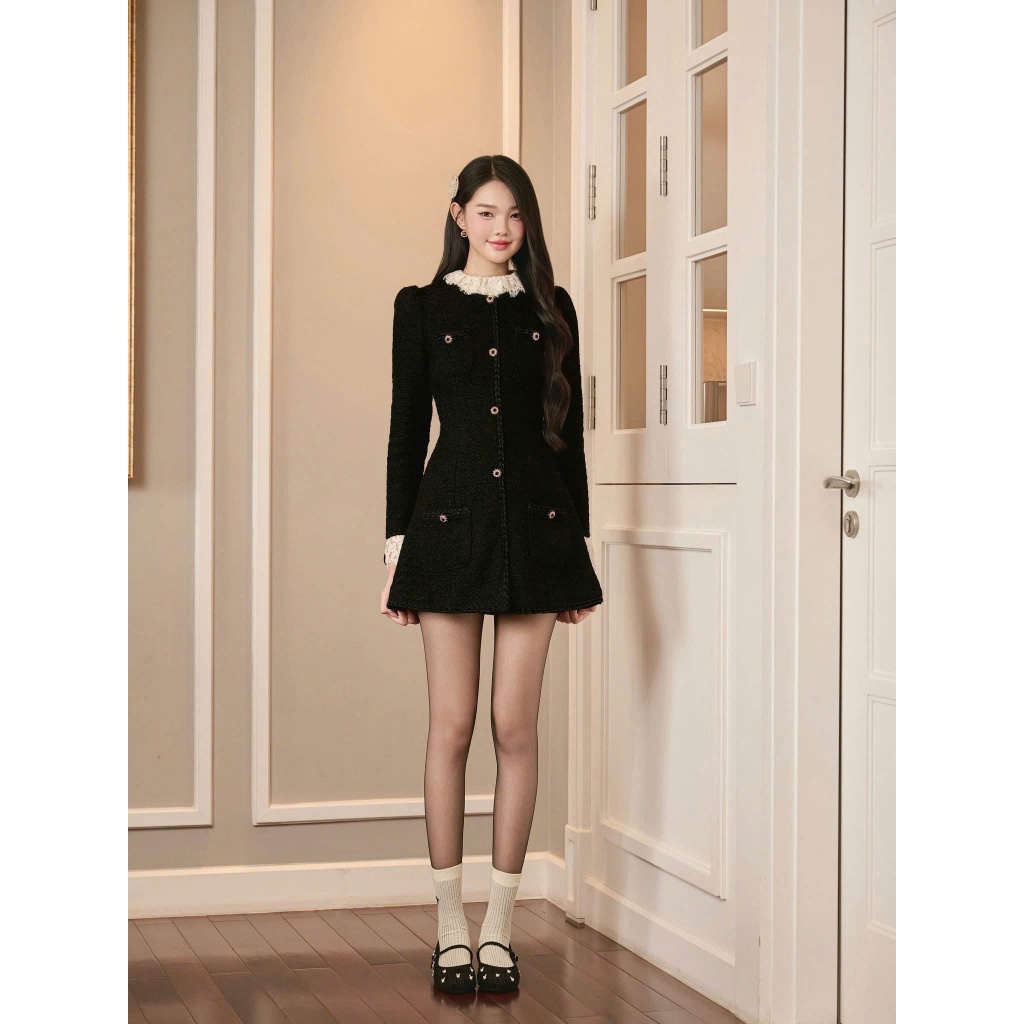 NH CLOTHER - Váy Đen Cổ Điển Dáng Ôm Tay Dài Bo Phồng Viền Ren Trắng