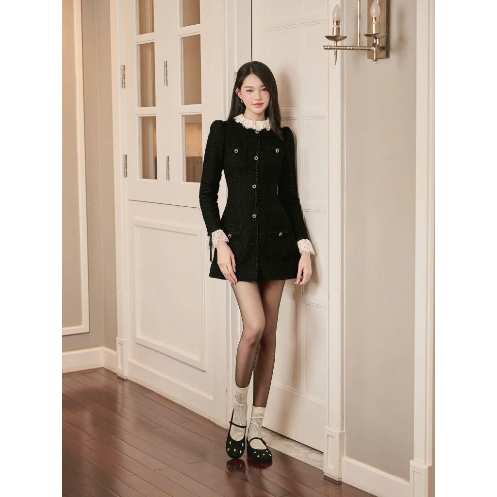 NH CLOTHER - Váy Đen Cổ Điển Dáng Ôm Tay Dài Bo Phồng Viền Ren Trắng