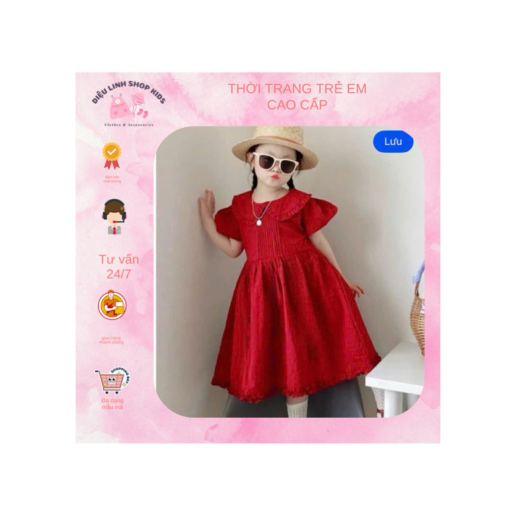 váy đầm đỏ chất liệu thô nến mềm mát dáng xoè babydoll size 8-36kg- váy thiết kế cho bé Diệu linh shop kids dl 73