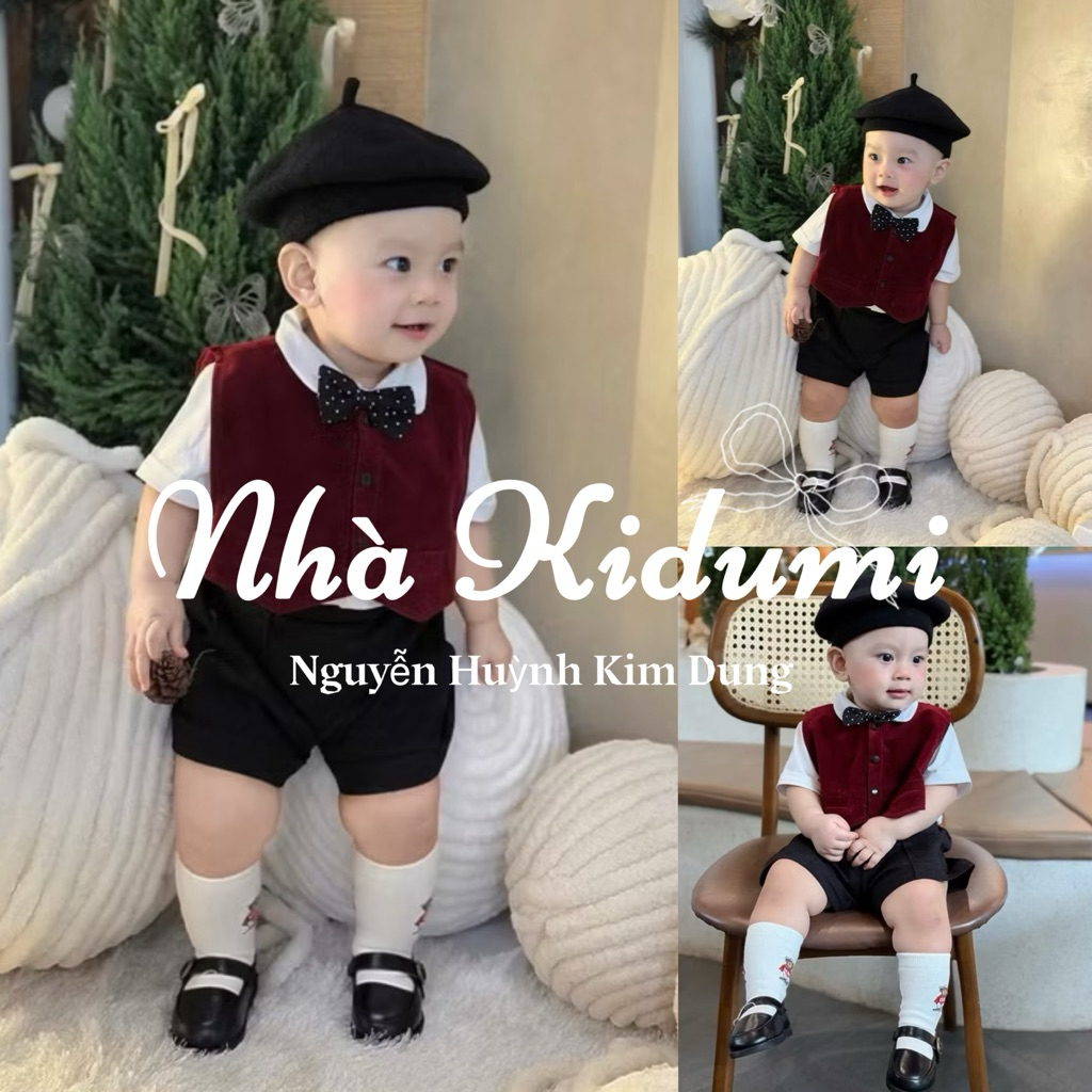 Set công tư 4CT gồm áo thun, quần, gile nhung đỏ và nơ chấm bi cho bé trai thôi nôi, đám cưới chất đẹp hàng cao cấp