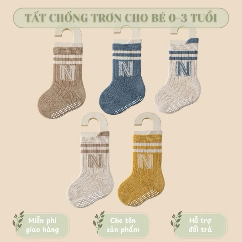 Sét 5 đôi tất sơ sinh in chữ đễ chống trơn cho bé ss57