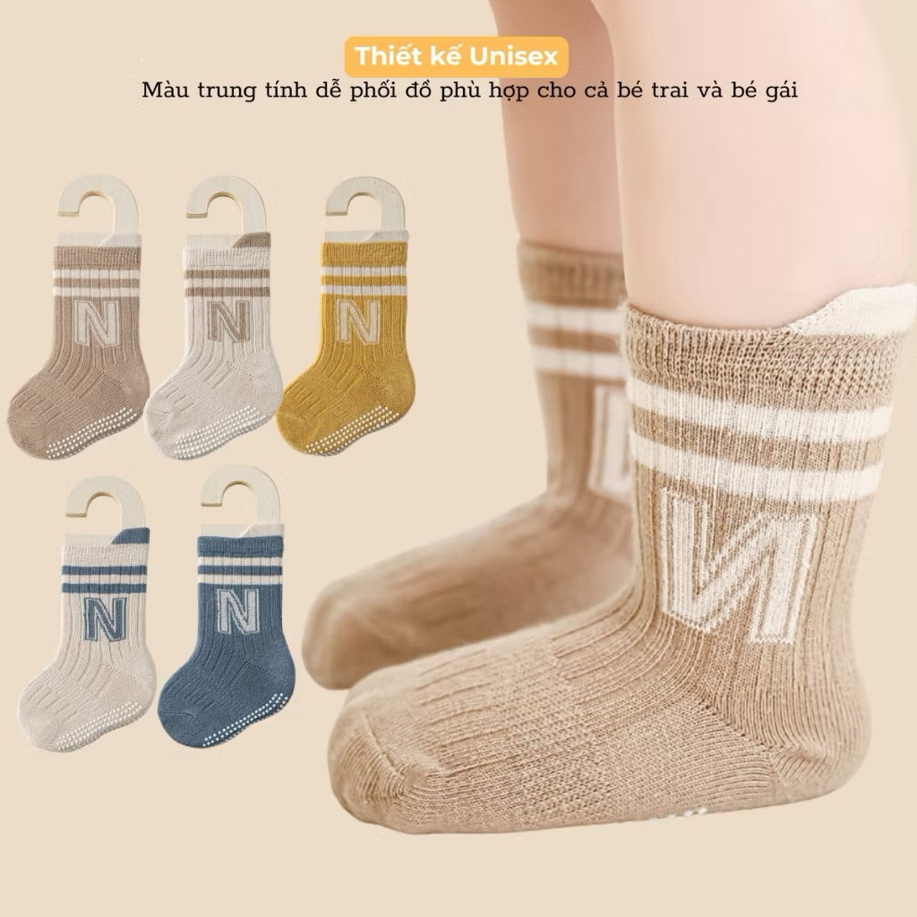 Sét 5 đôi tất sơ sinh in chữ đễ chống trơn cho bé ss57
