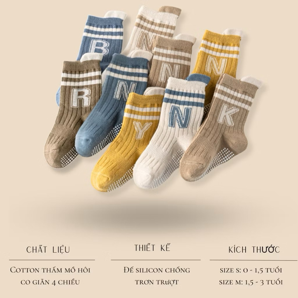 Sét 5 đôi tất sơ sinh in chữ đễ chống trơn cho bé ss57