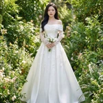 Váy cưới đi bàn cô dâu  2in1 Đầm Cúp + Bẹt Vai Đính Hoa Rơi  full size s/m/l/xl nhận may theo số đo bigsize — ảnh 5