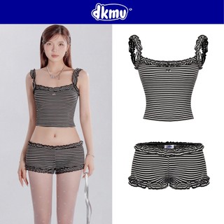 Set đồ nữ áo hai dây croptop và quần đùi DKMV hoạ tiết kẻ sọc phối viền bèo nhún logo cá inox Gina Set | K-SET4