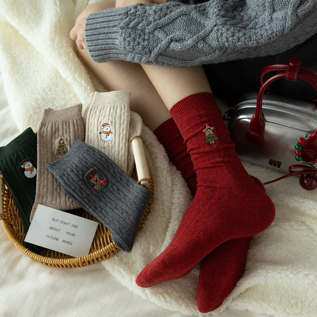 Tất Vớ Cổ Cao Noel Giáng Sinh Chất Thun Tăm Thêu Hình Cây Thông Người  Tuyết Santa Co Giãn Hoạ Tiết Tỉ Mỉu