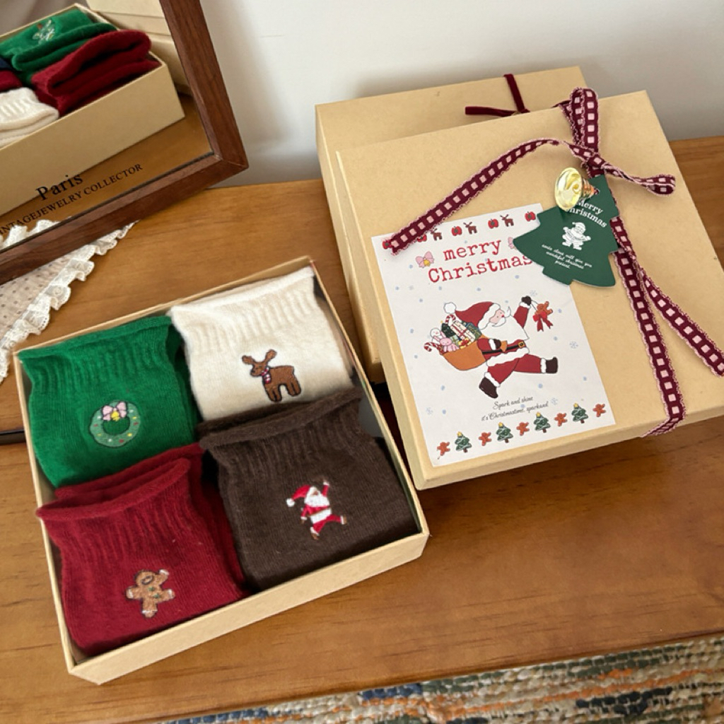 [KO KÈM HỘP] Set Combo Tất Vớ Nữ Cổ Cao Chất Len Xù Cổ Nhún Haste Thêu Noel Giáng Sinh Chất Liệu Len Cotton Quà Tặng