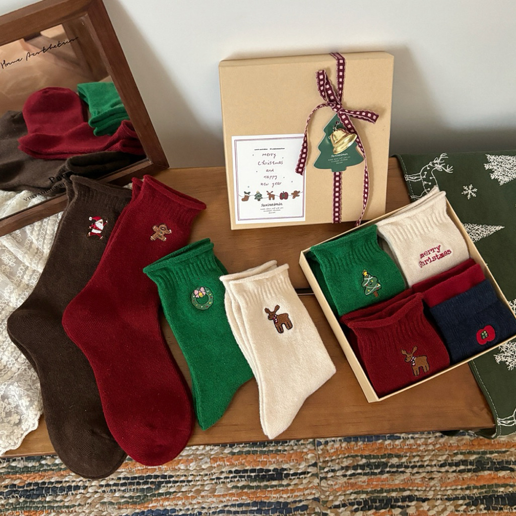 [KO KÈM HỘP] Set Combo Tất Vớ Nữ Cổ Cao Chất Len Xù Cổ Nhún Haste Thêu Noel Giáng Sinh Chất Liệu Len Cotton Quà Tặng