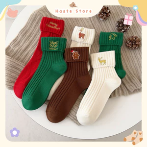 Tất Vớ Nữ Cổ Lửng Chất Len Gân Cổ Lật Haste Thêu Hoạ Tiết Cây Thông Noel Giáng Sinh Chất Liệu Cotton Thoáng Mát Quà Tặng
