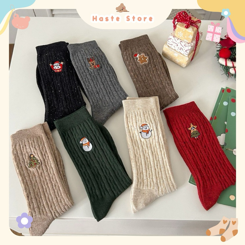 Tất Vớ Cổ Cao Noel Giáng Sinh Chất Thun Tăm Thêu Hình Cây Thông Người  Tuyết Santa Co Giãn Hoạ Tiết Tỉ Mỉu