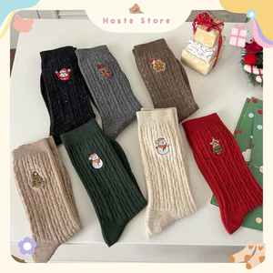 Tất Vớ Cổ Cao Noel Giáng Sinh Chất Thun Tăm Thêu Hình Cây Thông Người Tuyết Santa Co Giãn Hoạ Tiết Tỉ Mỉu