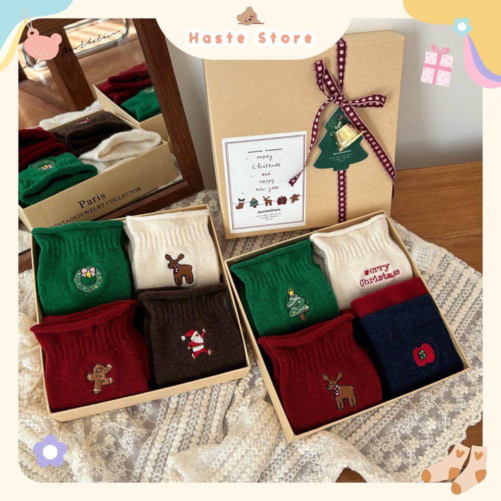 [KO KÈM HỘP] Set Combo Tất Vớ Nữ Cổ Cao Chất Len Xù Cổ Nhún Haste Thêu Noel Giáng Sinh Chất Liệu Len Cotton Quà Tặng