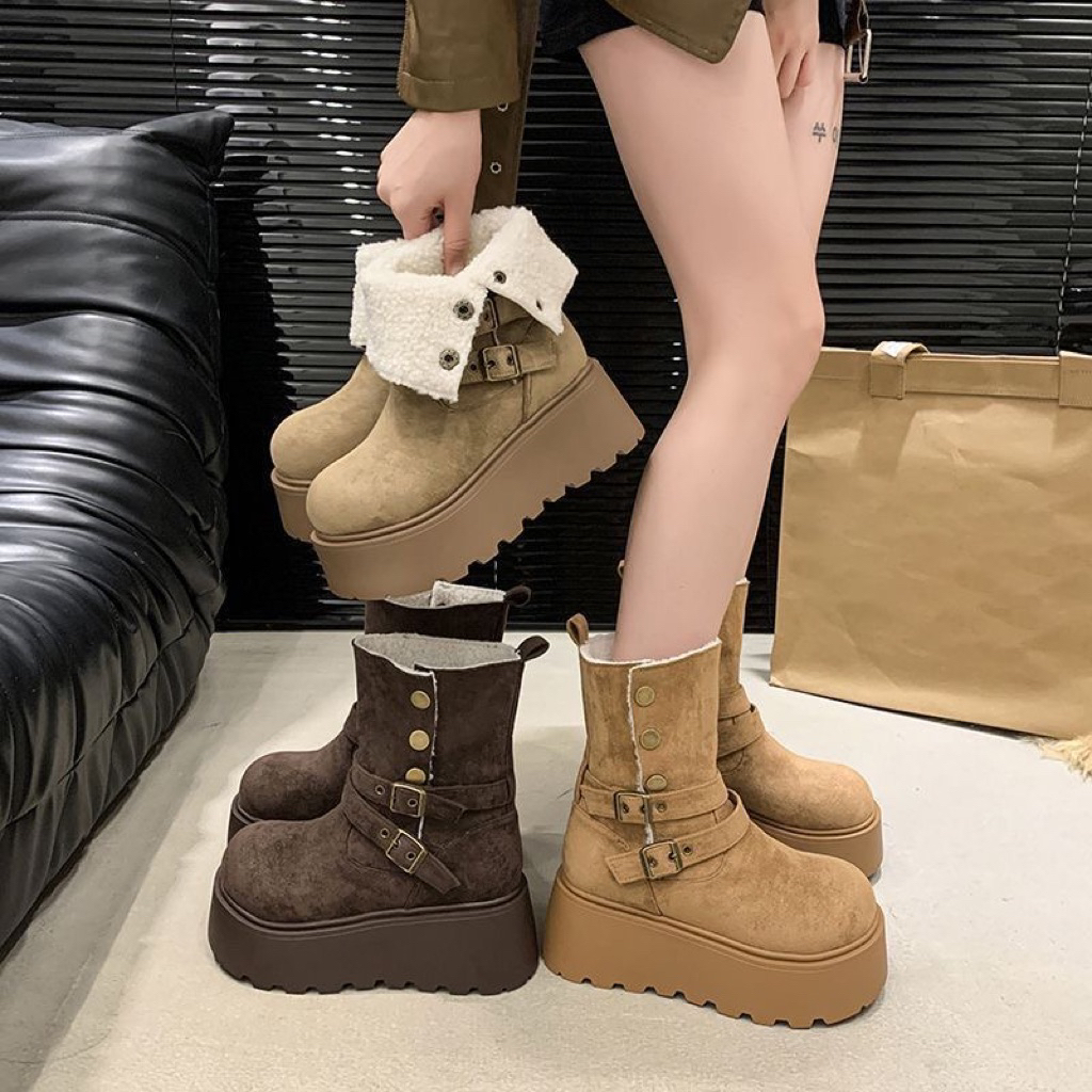[VIDEO+Ảnh Thật]-Giày boot da lộn lót lông nữ – 2 màu nâu/trắng – Độn đế 5–7cm – Size 35–45