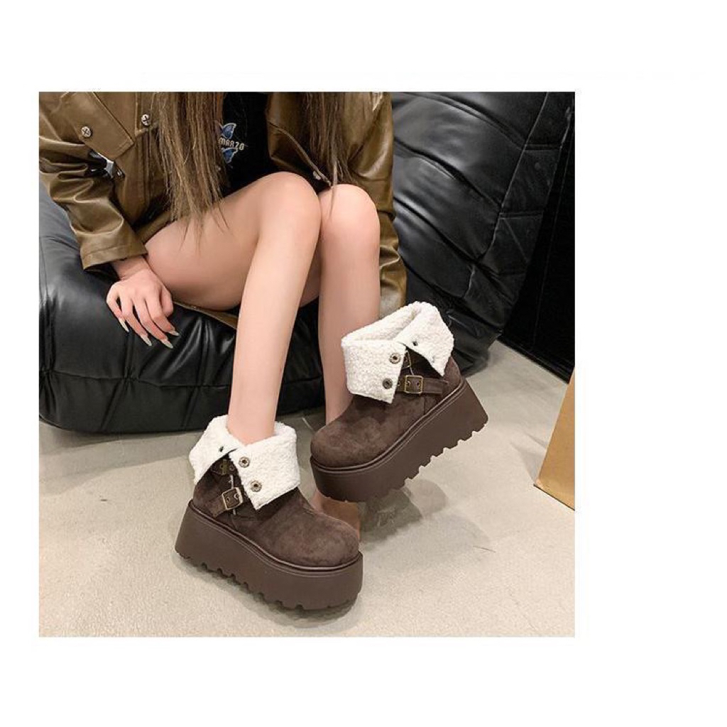 [VIDEO+Ảnh Thật]-Giày boot da lộn lót lông nữ – 2 màu nâu/trắng – Độn đế 5–7cm – Size 35–45