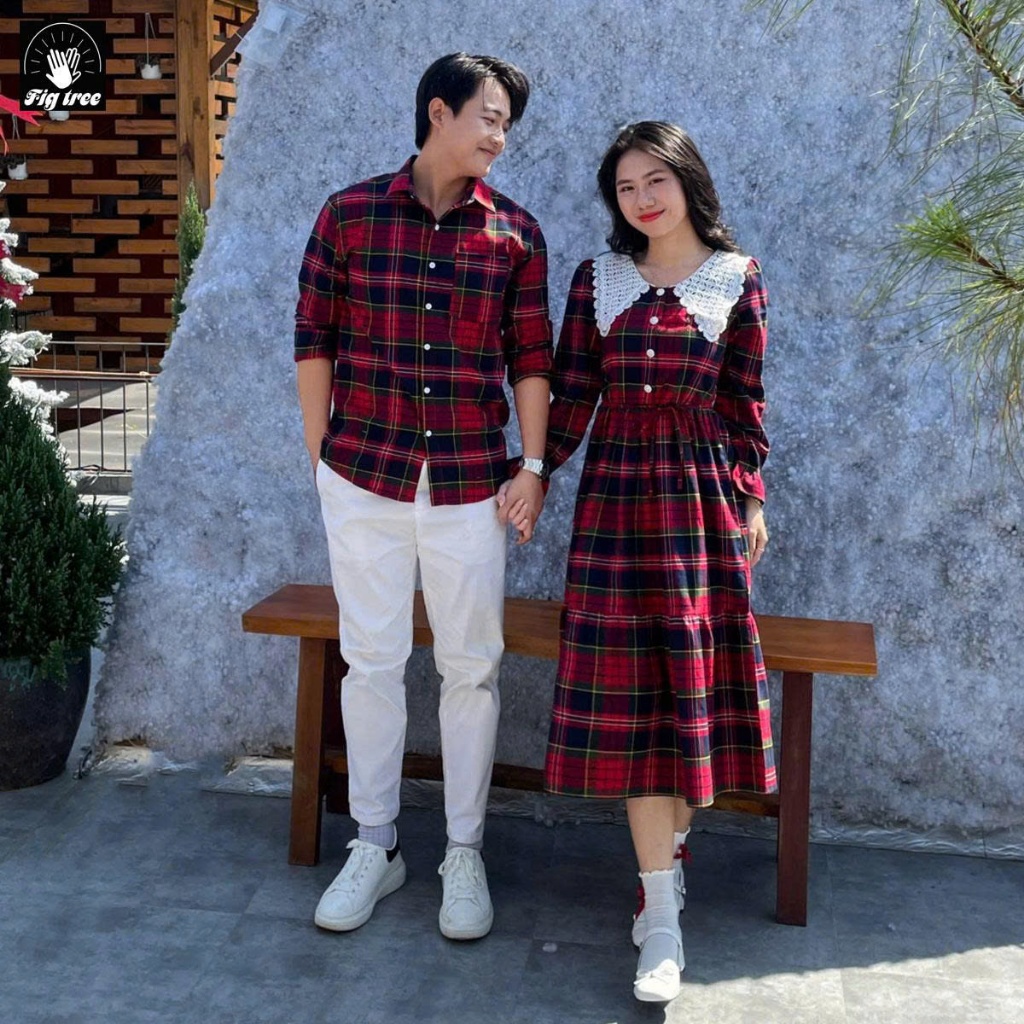 Sơ Mi Váy Đôi Fig Tree Sọc Caro Đỏ Noel Couple Check in Noel, Đi Tiệc, Chụp Hình Cực Chill, Ms 185