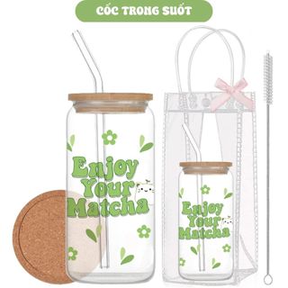 Cốc Thuỷ Tinh Hình Matcha 500ml, Ly Thuỷ Tinh Cute Chịu Nhiệt Kèm Phụ Kiện, Quà Tặng Sinh Nhật