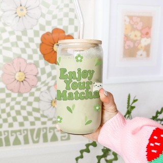 Cốc Thuỷ Tinh Hình Matcha 500ml, Ly Thuỷ Tinh Cute Chịu Nhiệt Kèm Phụ Kiện, Quà Tặng Sinh Nhật