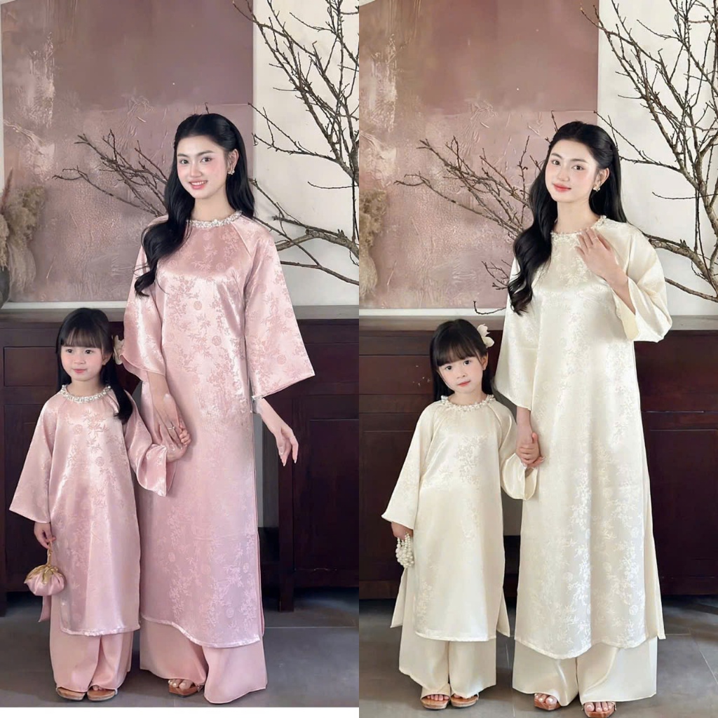 Áo Dài Mẹ Và Bé Tết Fom Xuông Cách Tân Gấm Trúc Cao Cấp ,Mềm Mại  Đi Ngọc Cổ Siêu Xinh-"Trúc Ngọc"