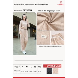 5BTD05 Đồ bộ nỉ nữ CARDINA chất liệu nỉ tăm lông cừu áo cổ tròn dài tay và quần dài suông phối viền 5BTD05