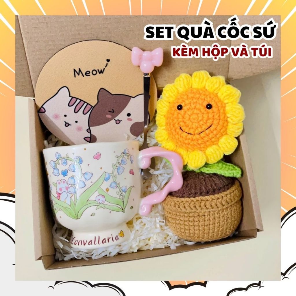 [Mới] Set quà tặng Thấy Cô Giáo 20/11 Cốc Ly sứ 400ml kèm Chậu Hoa Hướng Dương Đan Len
