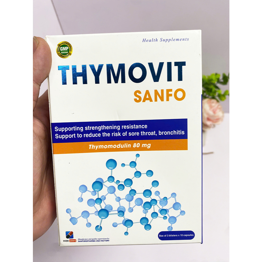 Thymovit Sanfo hỗ trợ tăng đề kháng của cơ thể, giảm nguy cơ viêm họng, viêm phế quản, hộp 30 viên