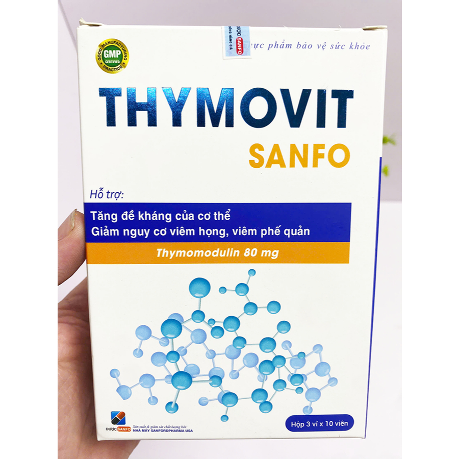 Thymovit Sanfo hỗ trợ tăng đề kháng của cơ thể, giảm nguy cơ viêm họng, viêm phế quản, hộp 30 viên