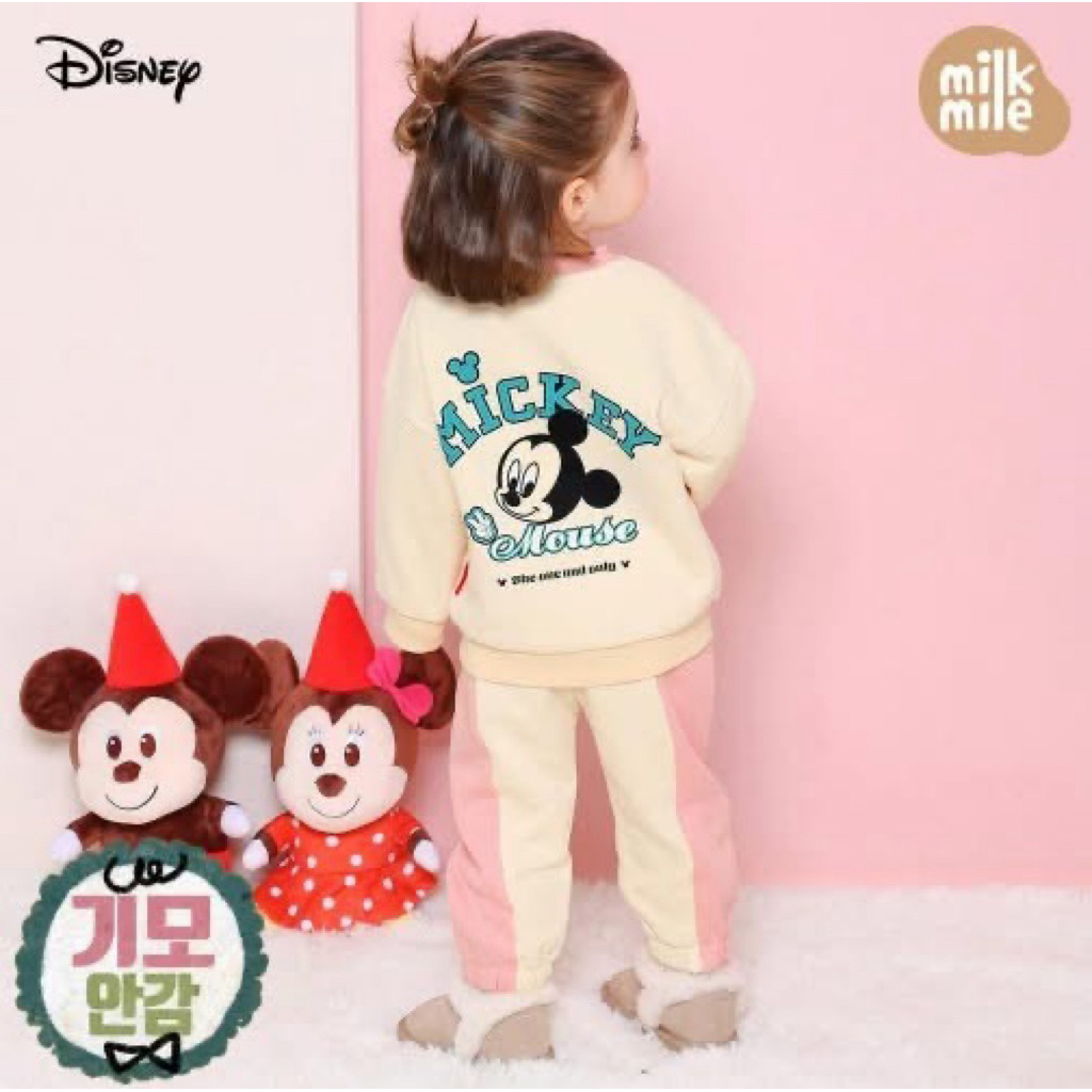 Bộ nỉ milkmile xuất dư Hàn ấm áp cho bé gái hoạ tiết dễ thương phối viền hồng [Dư size 90]
